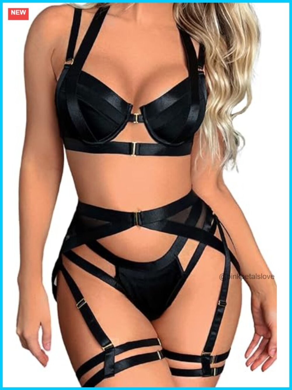 Strappy Harness Lingerie Set, 4pc Garter, Underwire, Adjustable